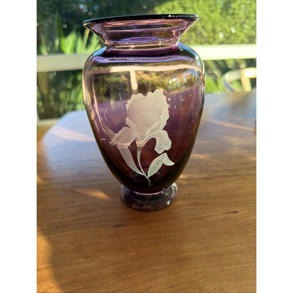 Signed Paul Jones Amethyst‎ Art Studio Glass Vase Acid Etched Iris Fenton 7"
